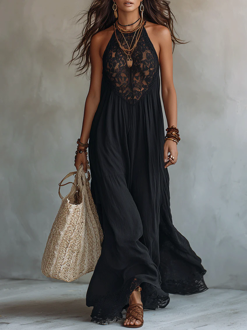 Robe longue pour femme avec détails en dentelle et silhouette fluide
