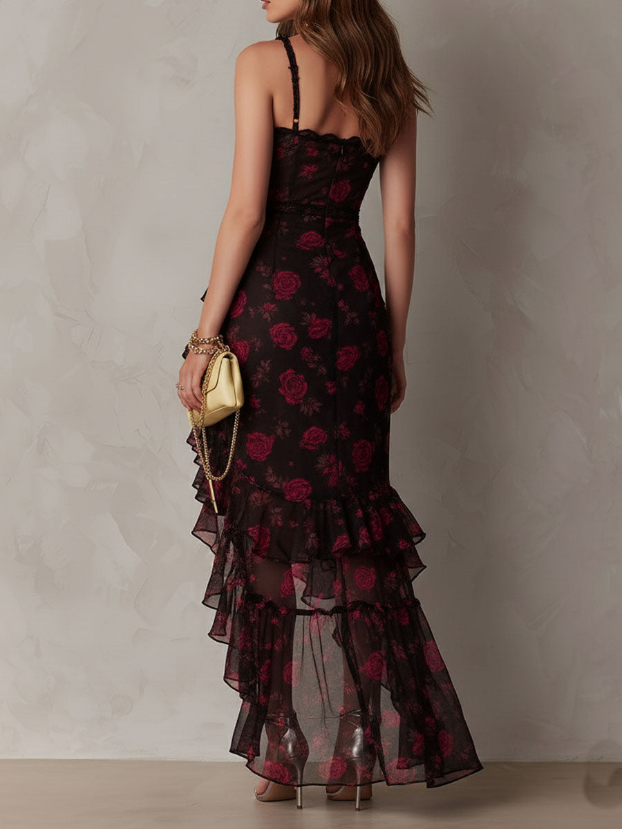 Robe maxi à volants asymétrique à fleurs pour femme