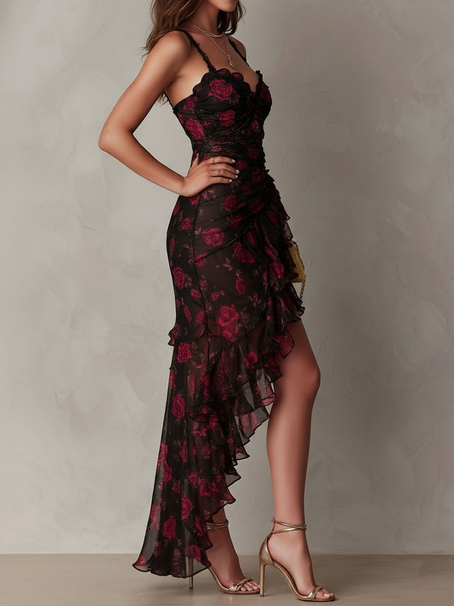 Robe maxi à volants asymétrique à fleurs pour femme