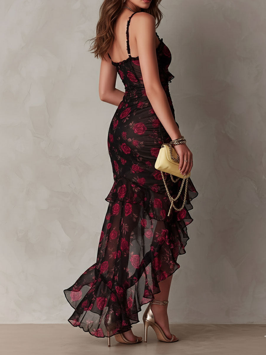 Robe maxi à volants asymétrique à fleurs pour femme