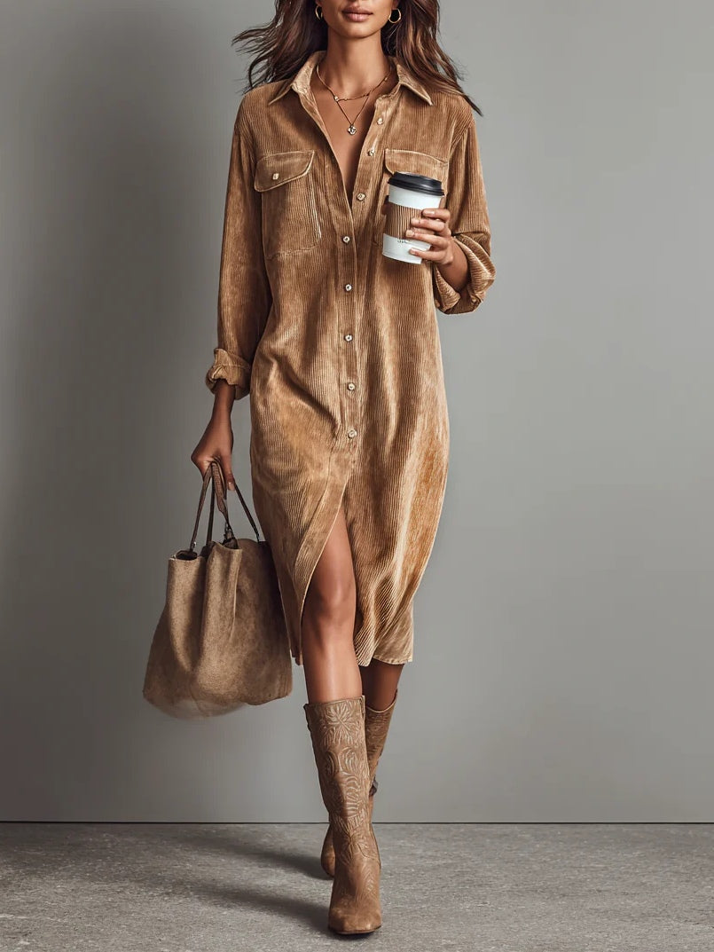 Women's Corduroy Midi Dress with Pockets