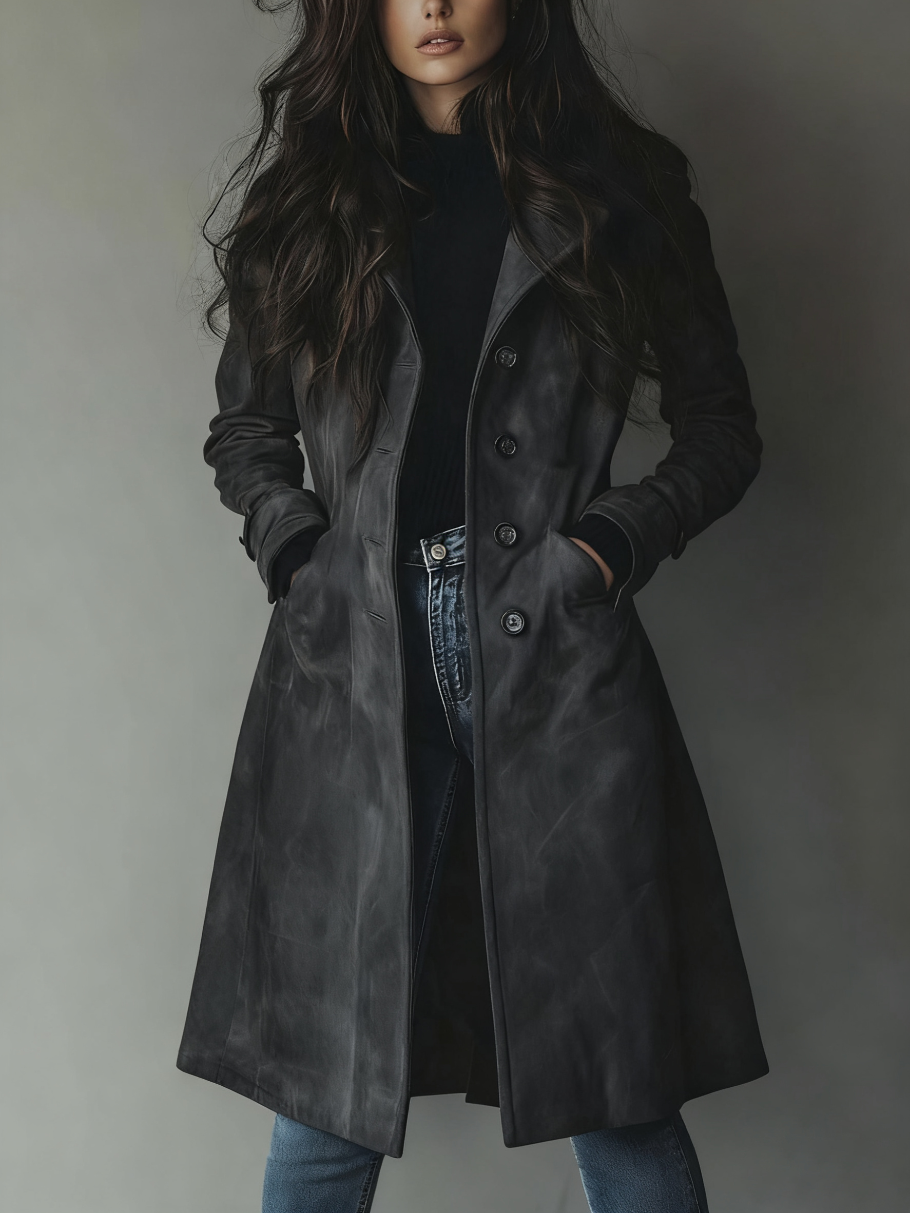 Women's Long Button Front Trench Coat