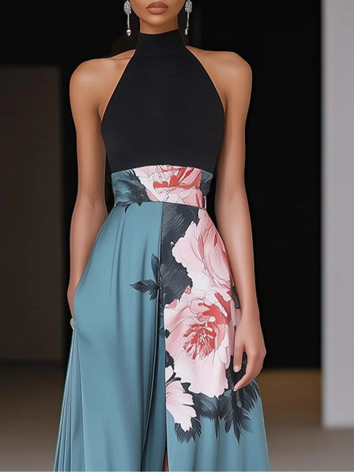Janelle™ | Robe maxi noire fendue à fleurs, col rond classique, sans manches, coupe trapèze