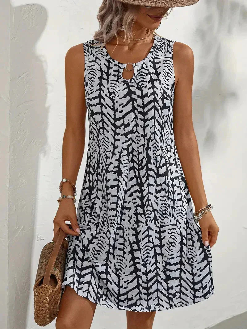 Vestido mini sin mangas para mujer con estampado de hojas y capas