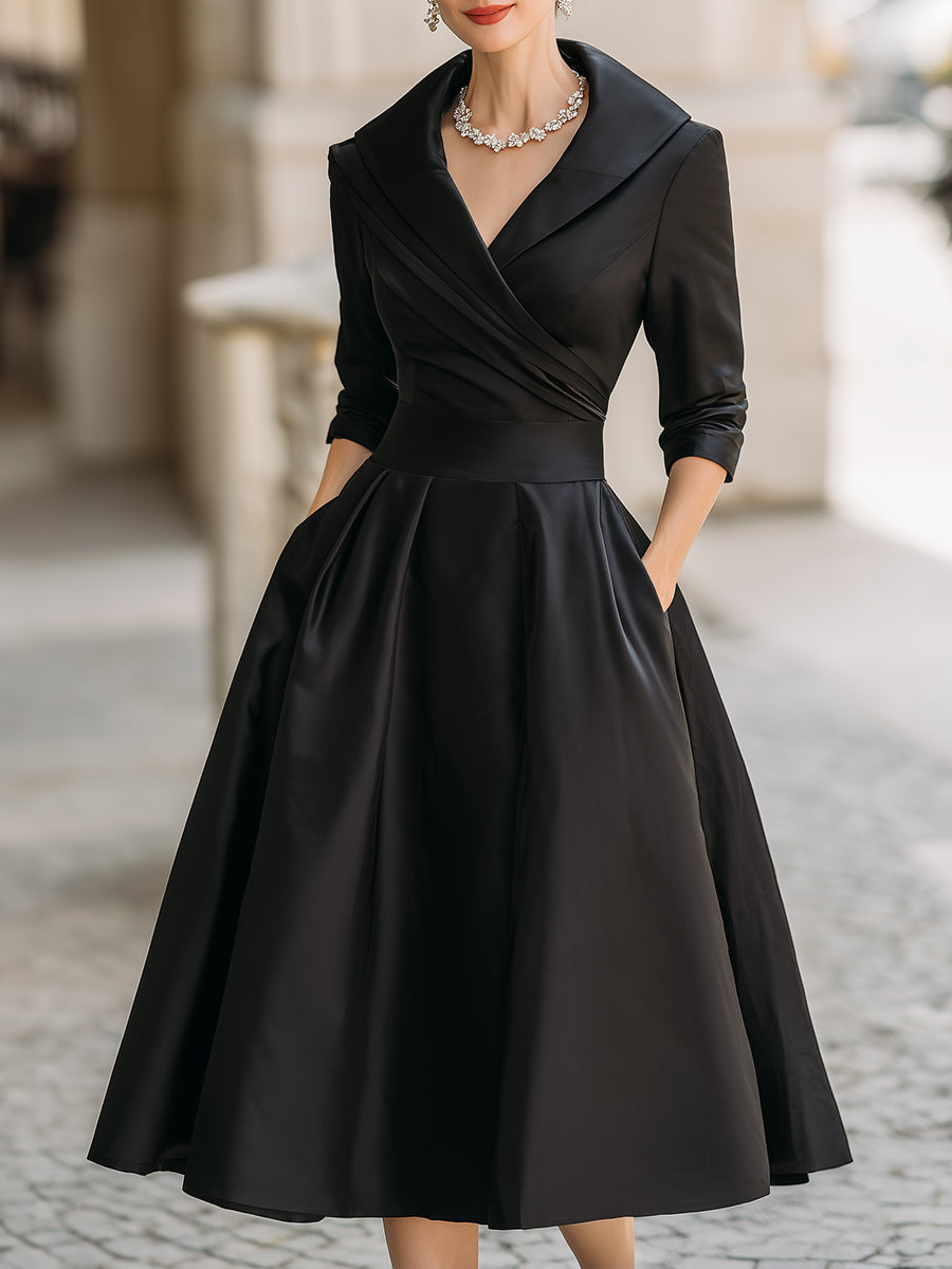 Robe midi élégante col à revers cintrée et évasée