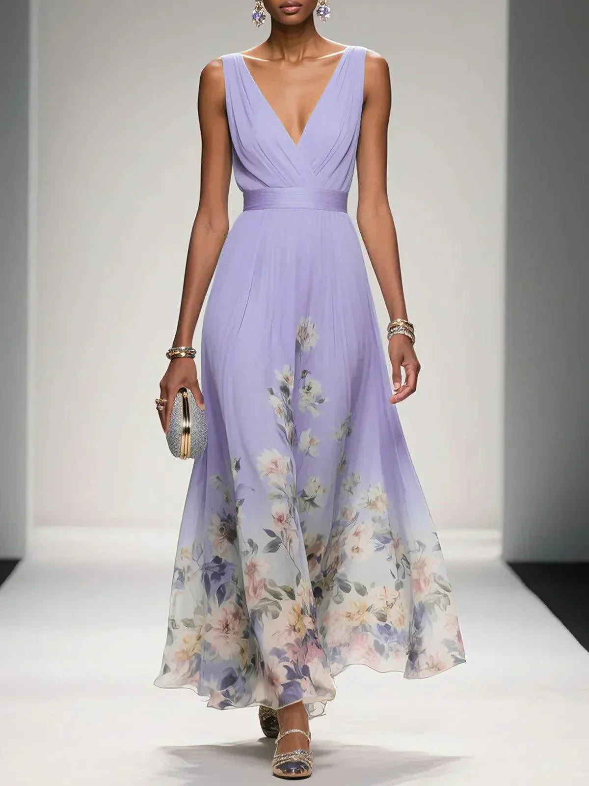 Robe midi fleurie à décolleté plongeant pour femmes