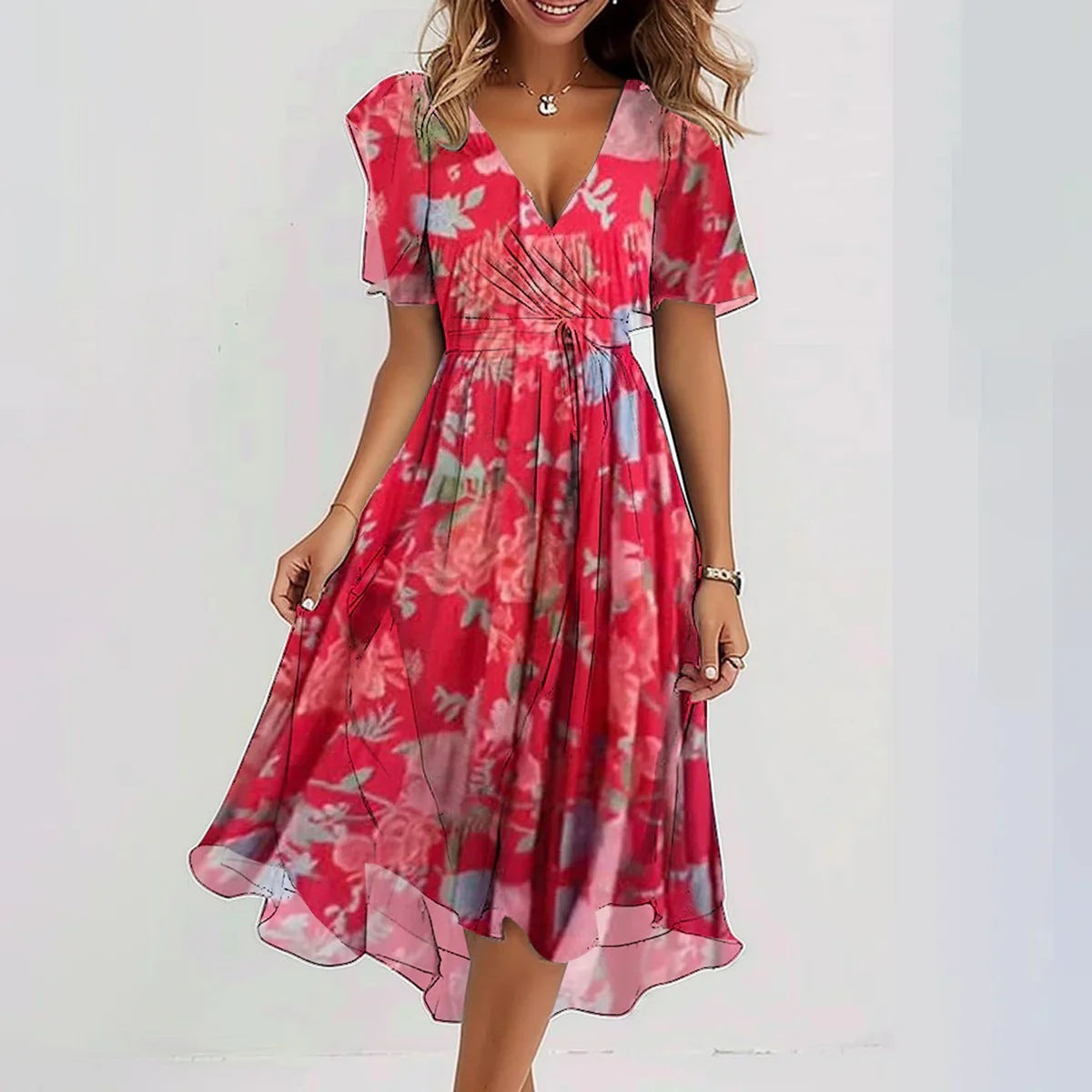 Robe midi portefeuille fleurie femme style estival élégant