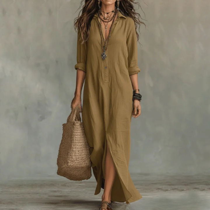 Women's Relaxed Button-Front Maxi Shirt Dress with Side Slit