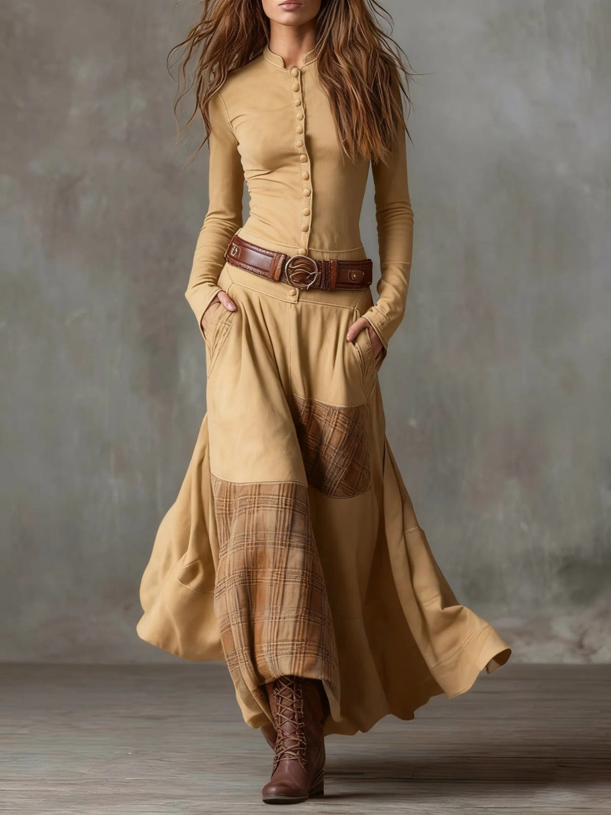 Robe longue vintage à manches longues pour femmes