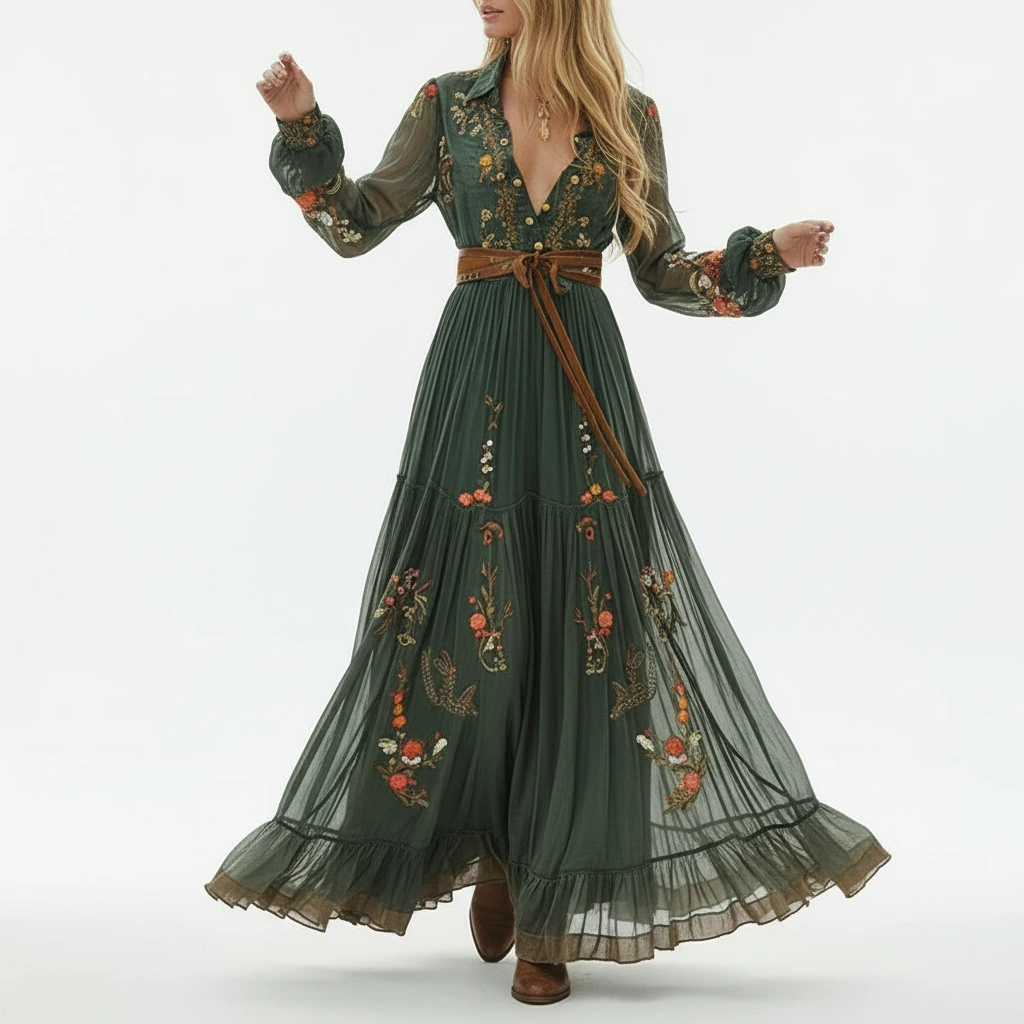 Robe longue bohème à manches longues brodée pour femme