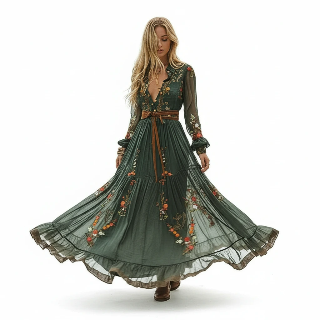 Robe longue bohème à manches longues brodée pour femme
