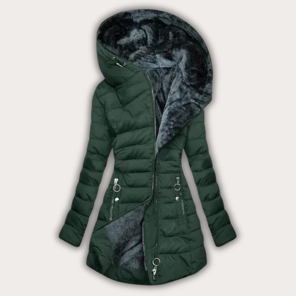 Women's Asymmetrical Puffer Coat with Faux Fur Hood