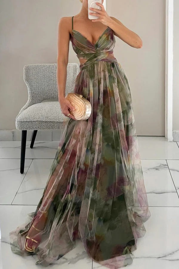 Robe longue élégante pour femme invitée de mariage avec col en V