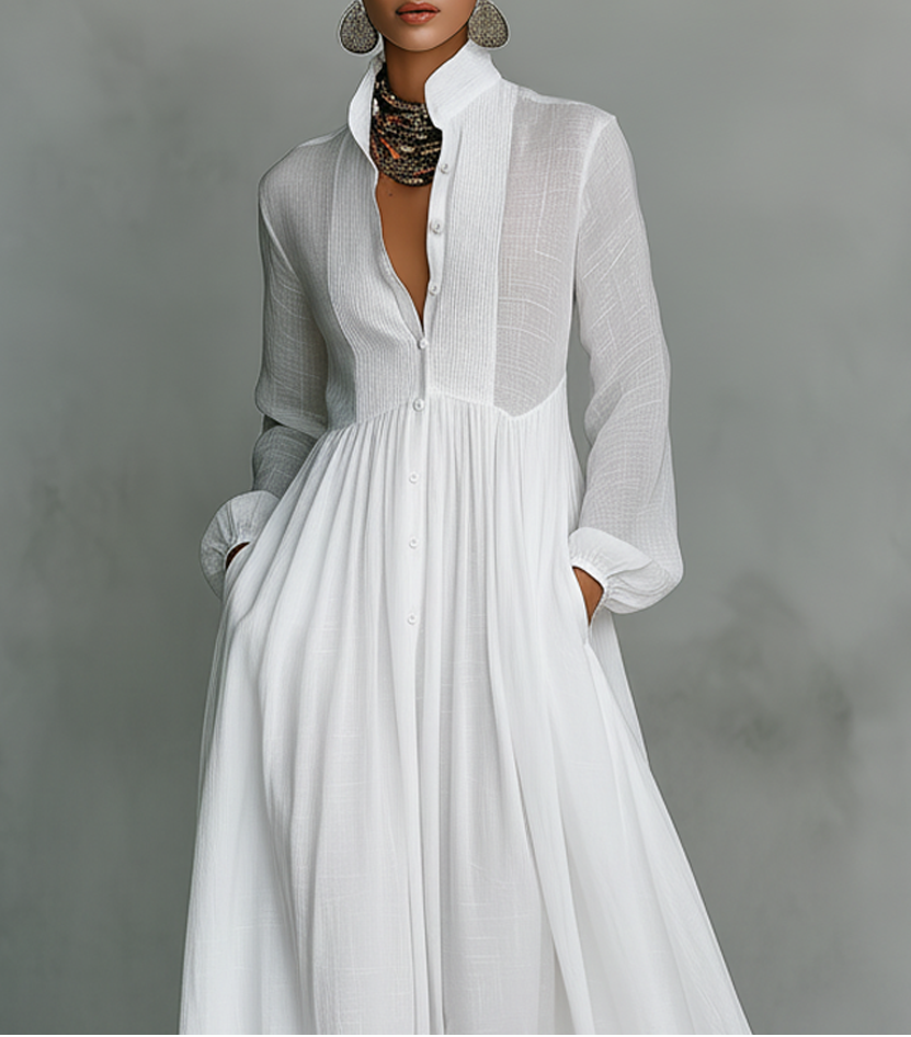 Women's Collared V-Neck Gathered Waist Maxi Dress