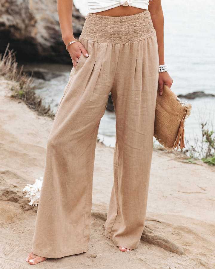 Pantalon large taille haute smocké pour femme