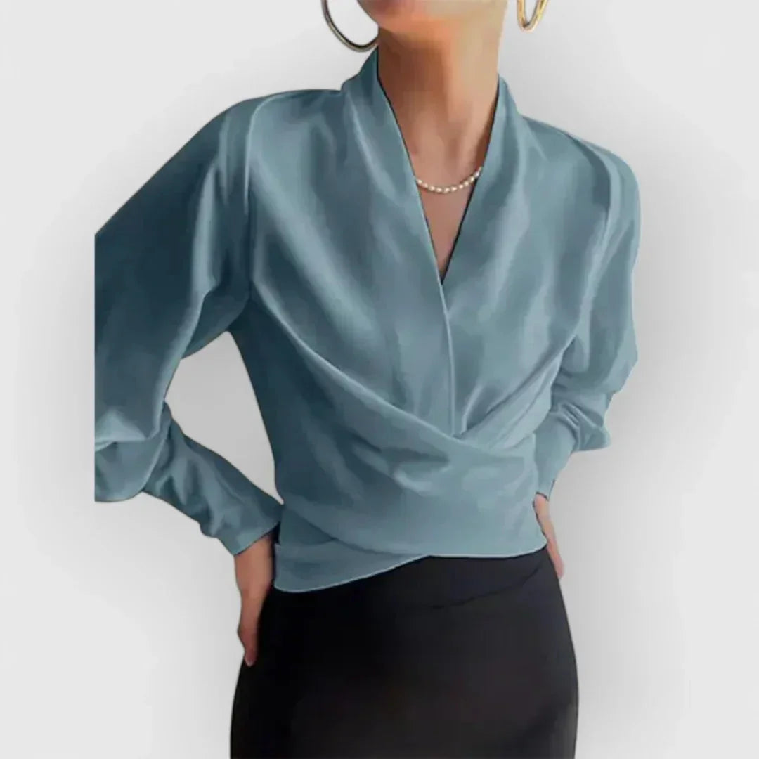Blouse portefeuille pour femmes, blouse de bureau croisée bleue