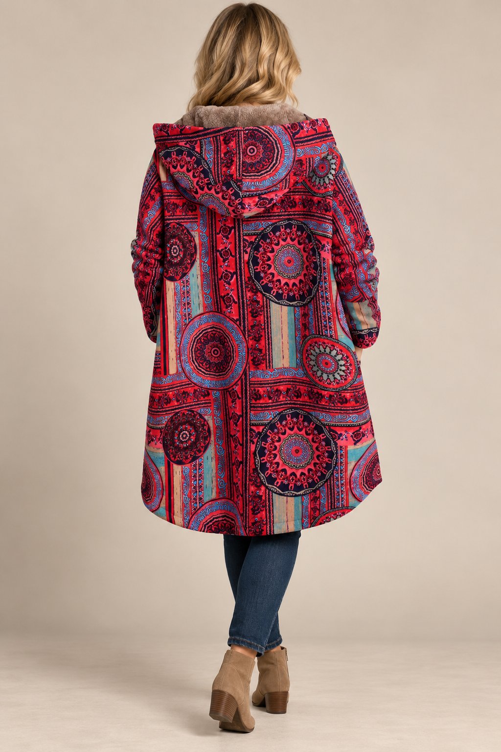 Cappotto invernale boho da donna con cappuccio e stampa paisley