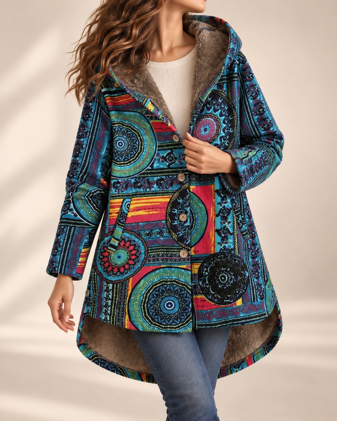 Cappotto invernale boho da donna con cappuccio e stampa paisley