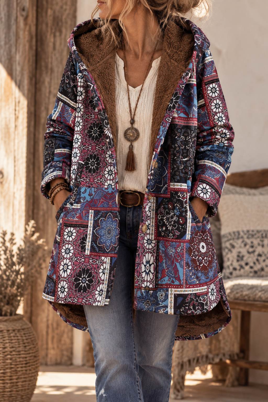 Cappotto invernale boho da donna con cappuccio e stampa paisley