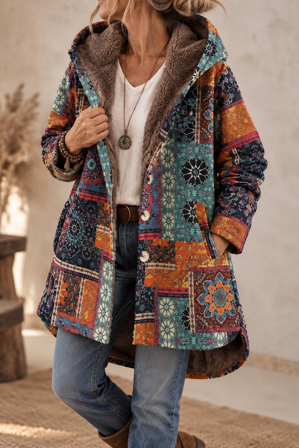 Cappotto invernale boho da donna con cappuccio e stampa paisley