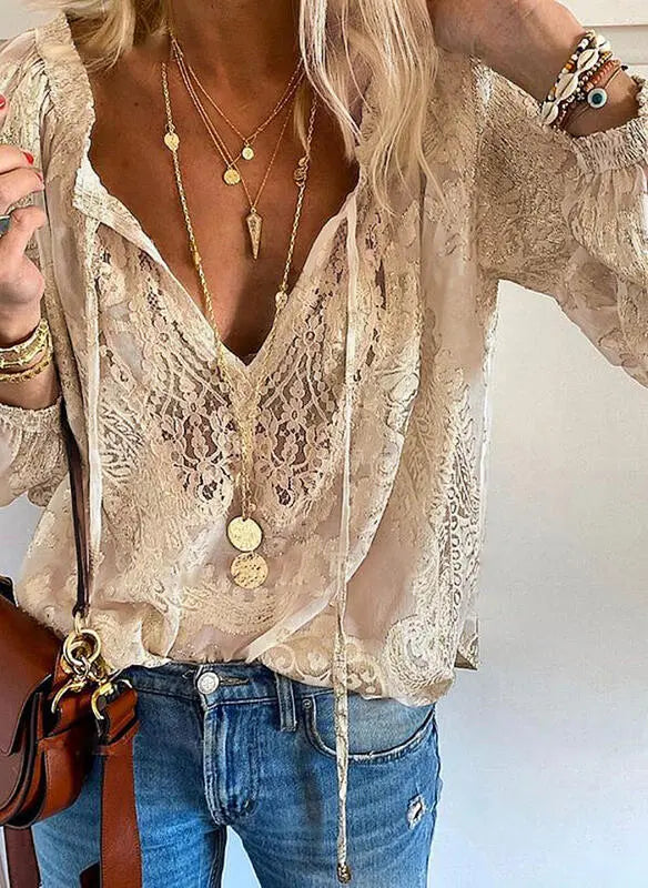Blouse bohème vintage pour femme à col fendu