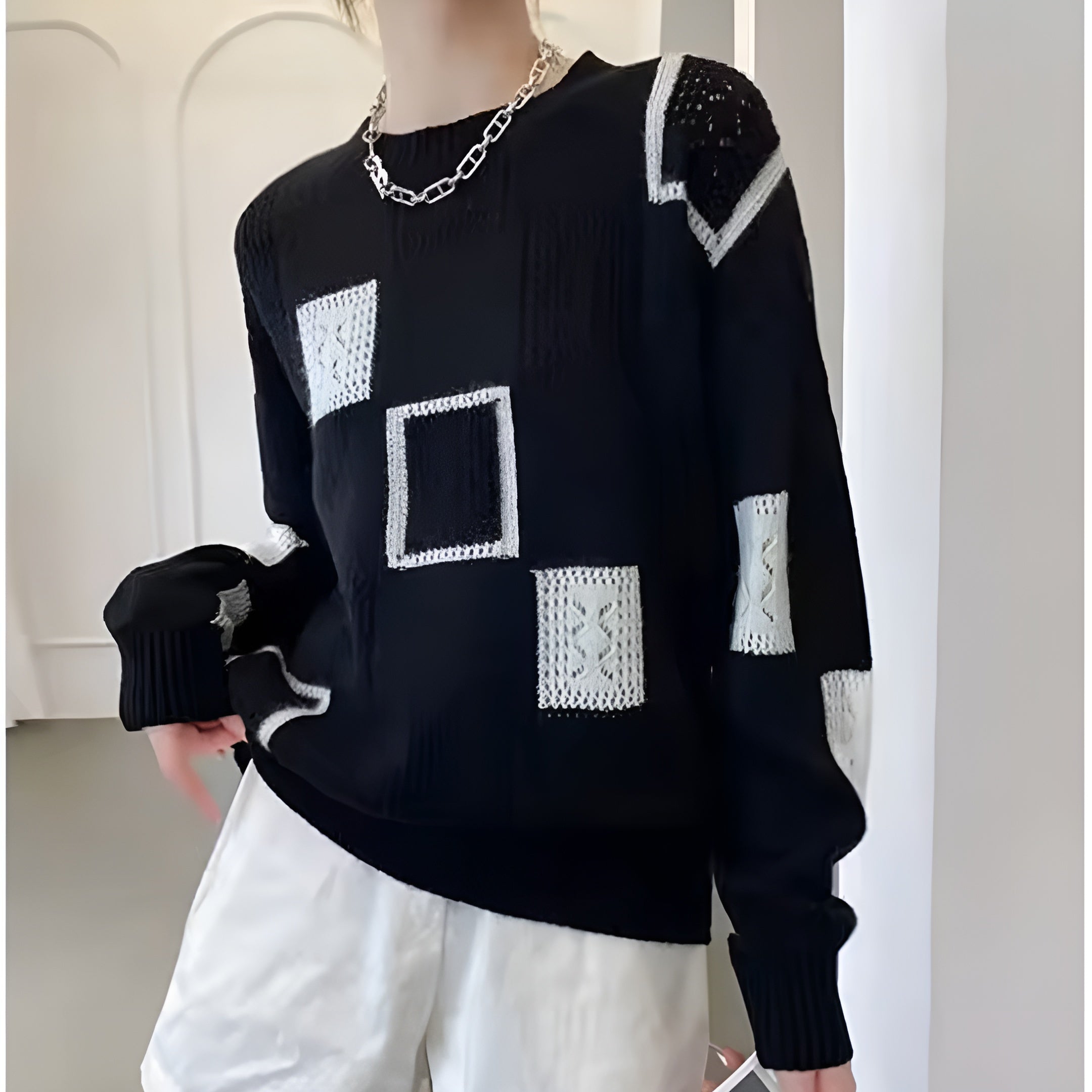 Women's Geometric Patchwork Pattern Knit Sweater