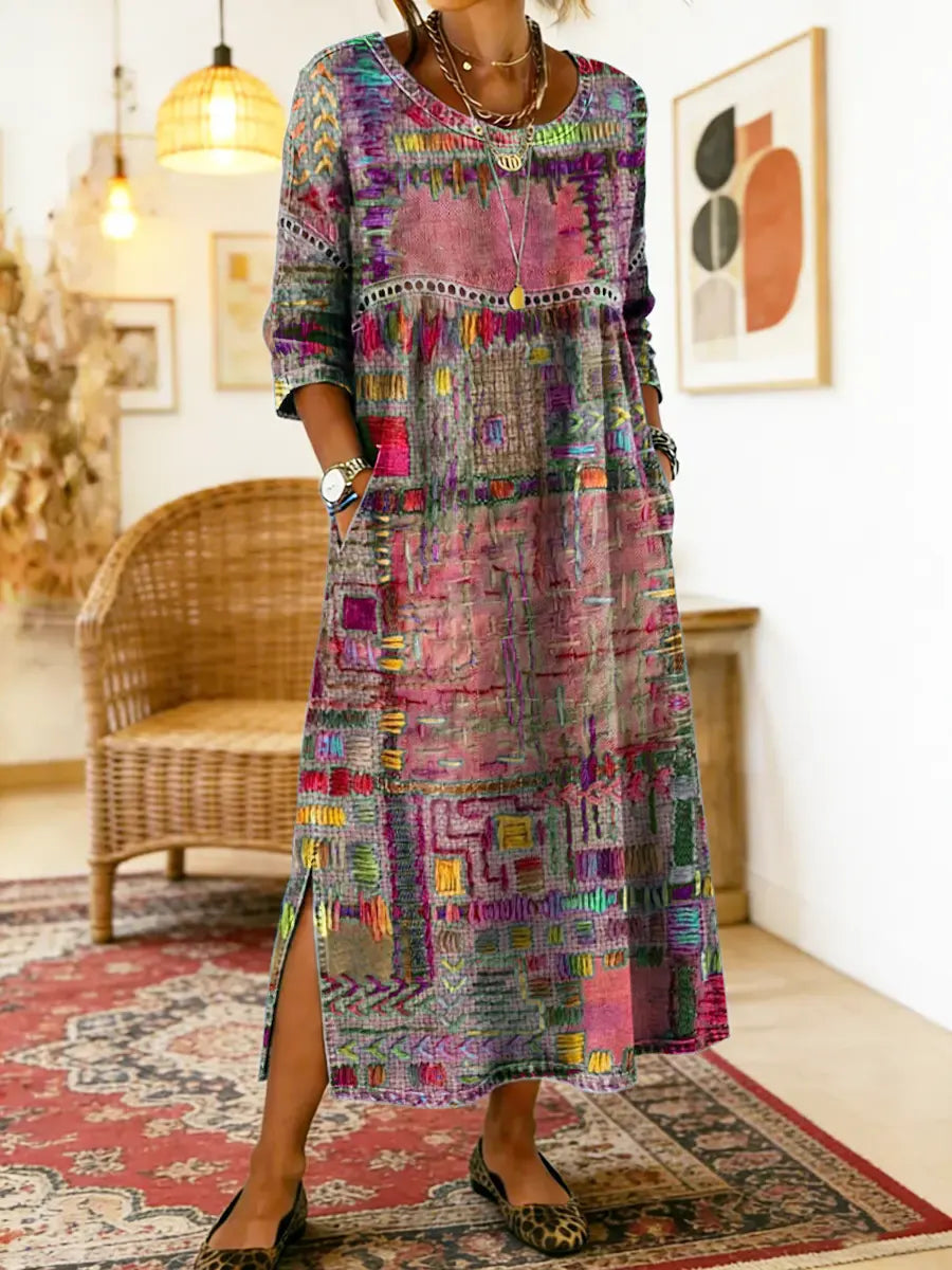 Robe midi bohème patchwork pour femme