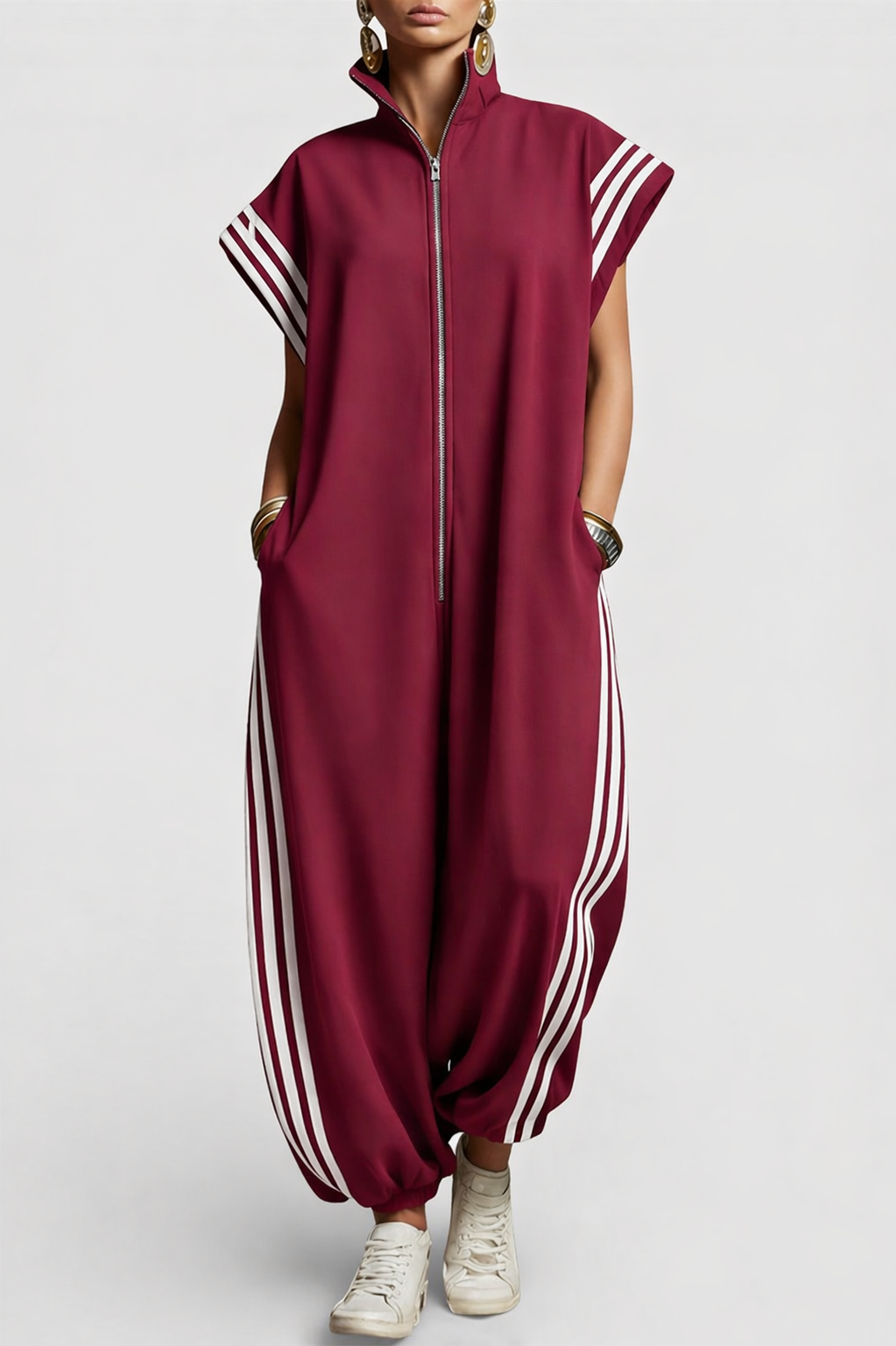 Women's Zip-Up Jumpsuit with Contrast Stripes
