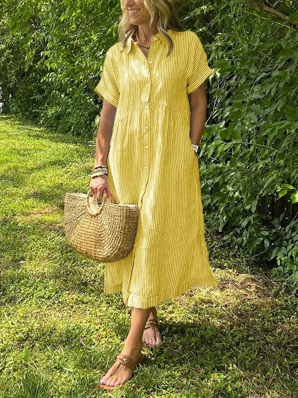 Button-Up Midi Shirt Dress Women Short Sleeve