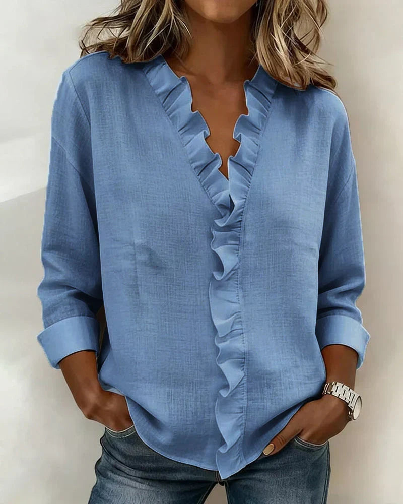 Women's V-Neck Ruffled Blouse with Long Sleeves