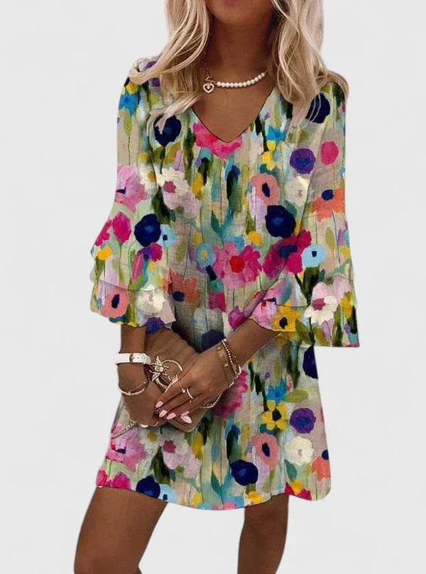 Women’s Floral Mini Dress with Flared Sleeves