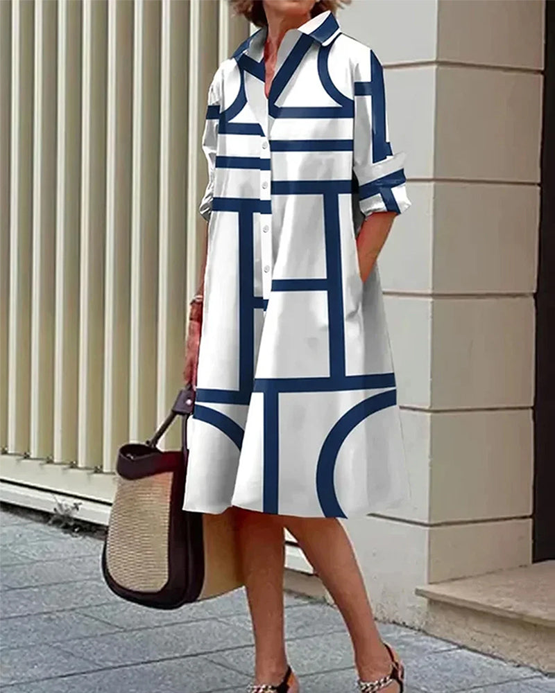 Abito midi da donna con tasche e stampa geometrica