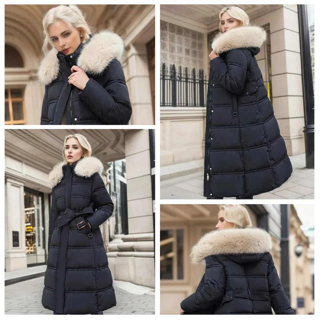 Parka longue matelassée pour femme avec capuche bordée de fausse fourrure