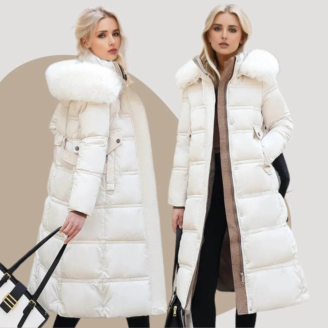 Parka longue matelassée pour femme avec capuche bordée de fausse fourrure
