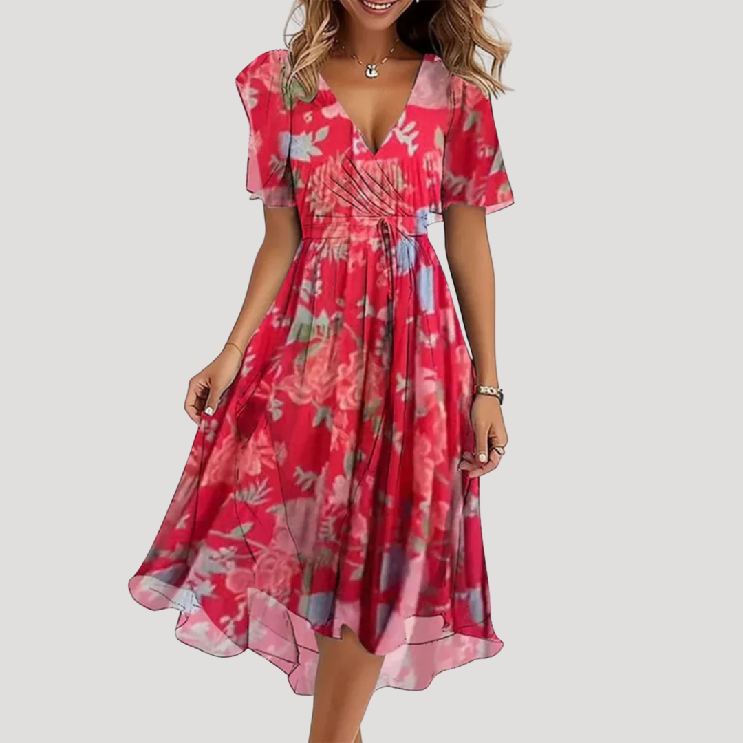 Women's Floral Wrap Midi Dress with Tie Waist