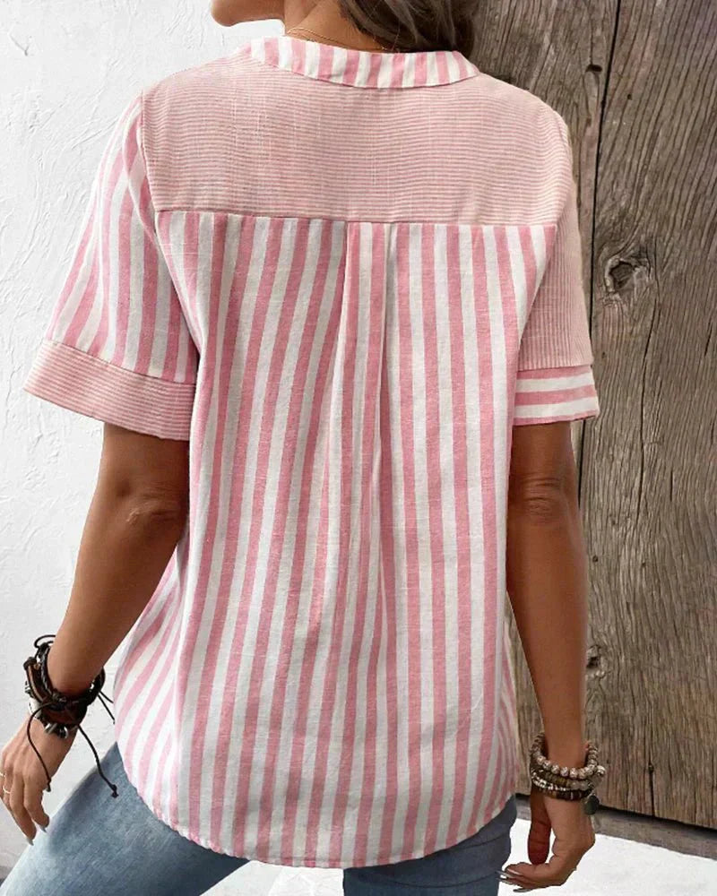 Blouse à rayures pour femmes avec boutons sur le devant et manches courtes