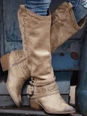 Women's Knee High Buckle Strap Boots with Zipper