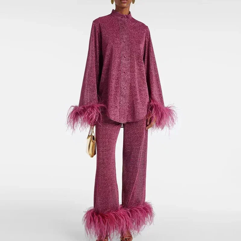 Ensemble manchettes à plumes scintillantes avec bas pour femmes