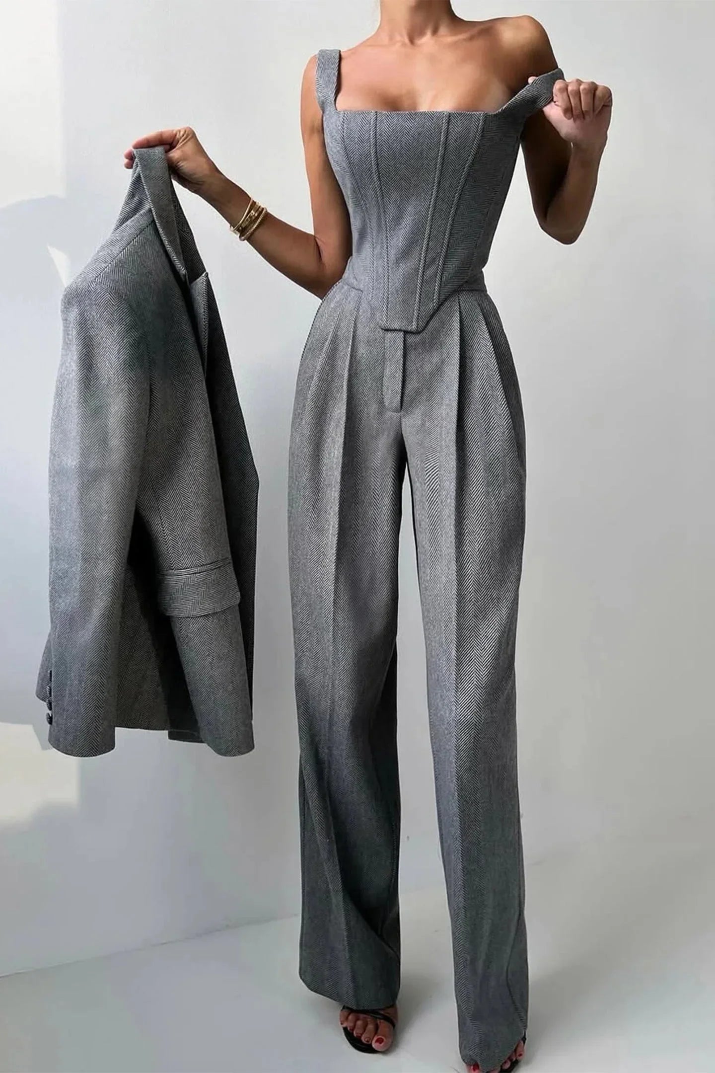Corset Bustier Wide Leg Pants Set with Oversized Blazer