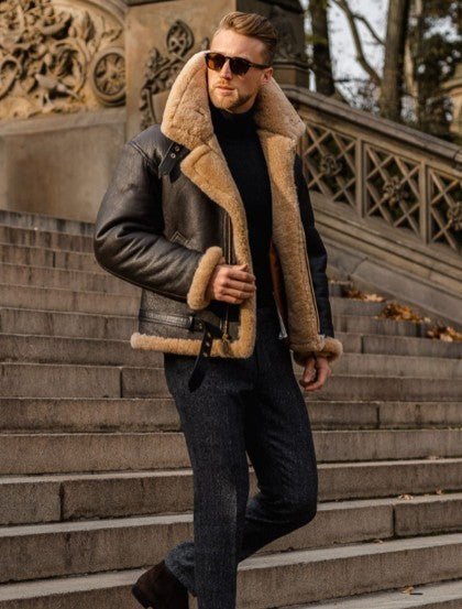 Men's Shearling-Lined Aviator Jacket with Faux Fur Collar