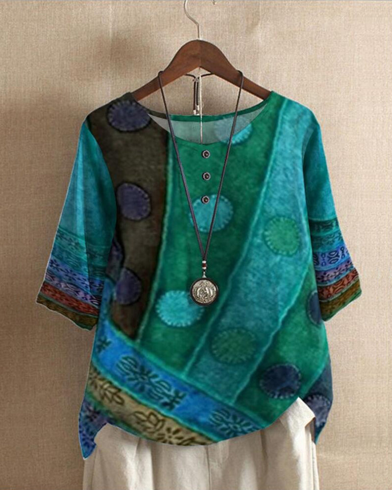 Women's Vintage Patchwork Print Relaxed Tunic Blouse