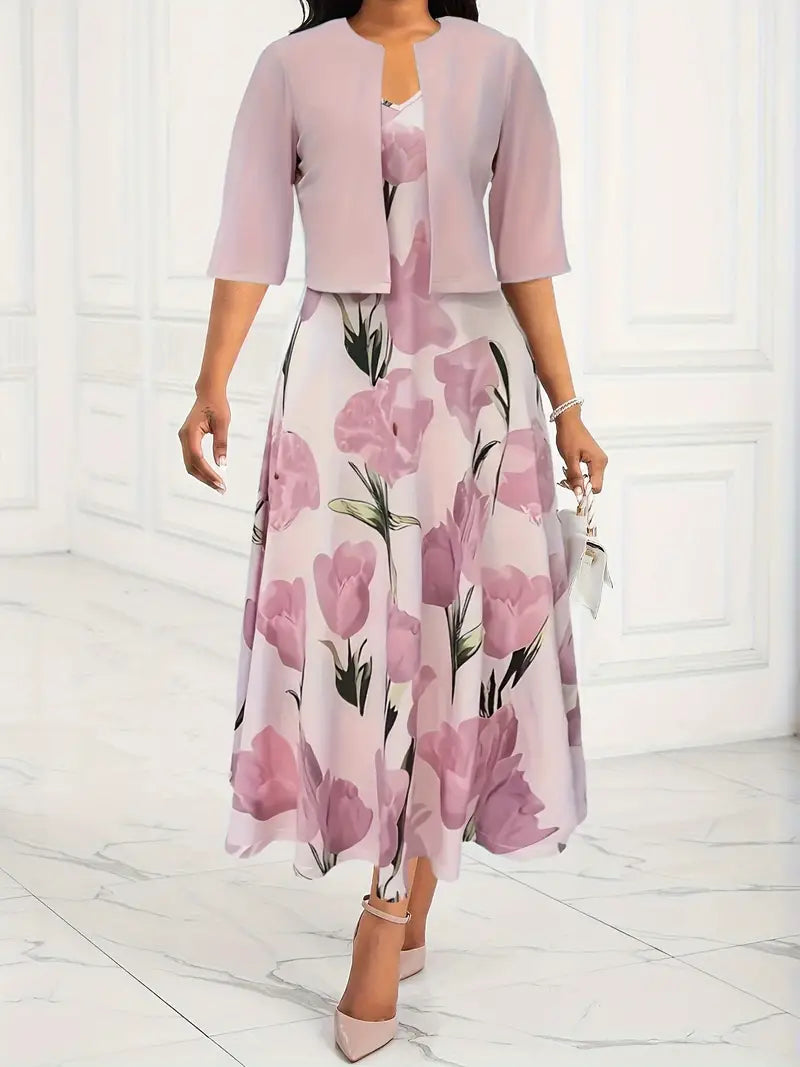 Robe maxi fleurie avec ensemble cardigan court pour femmes