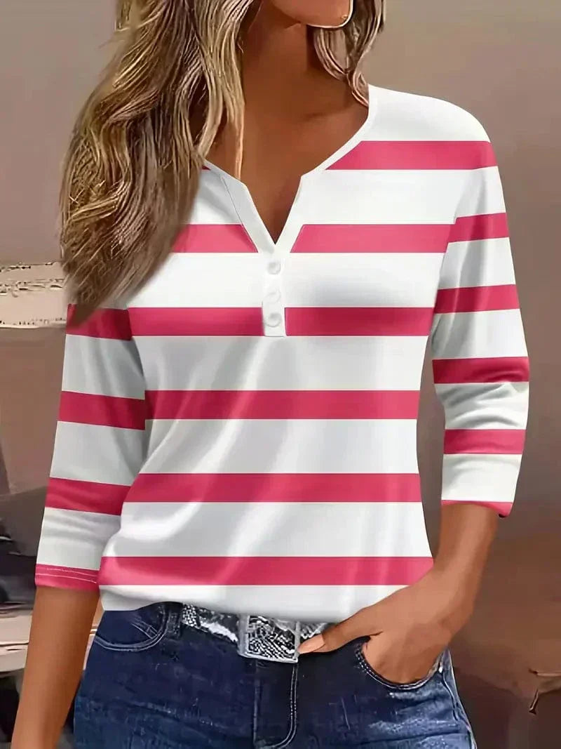 Women's Striped V-Neck Top with Three-Quarter Sleeves