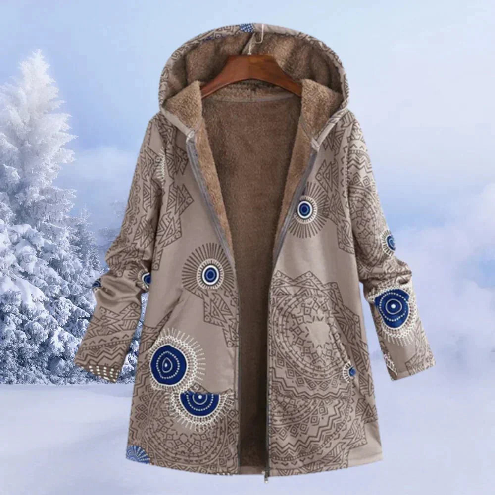 Abrigo de invierno para mujer con capucha, forro de forro polar y estampado