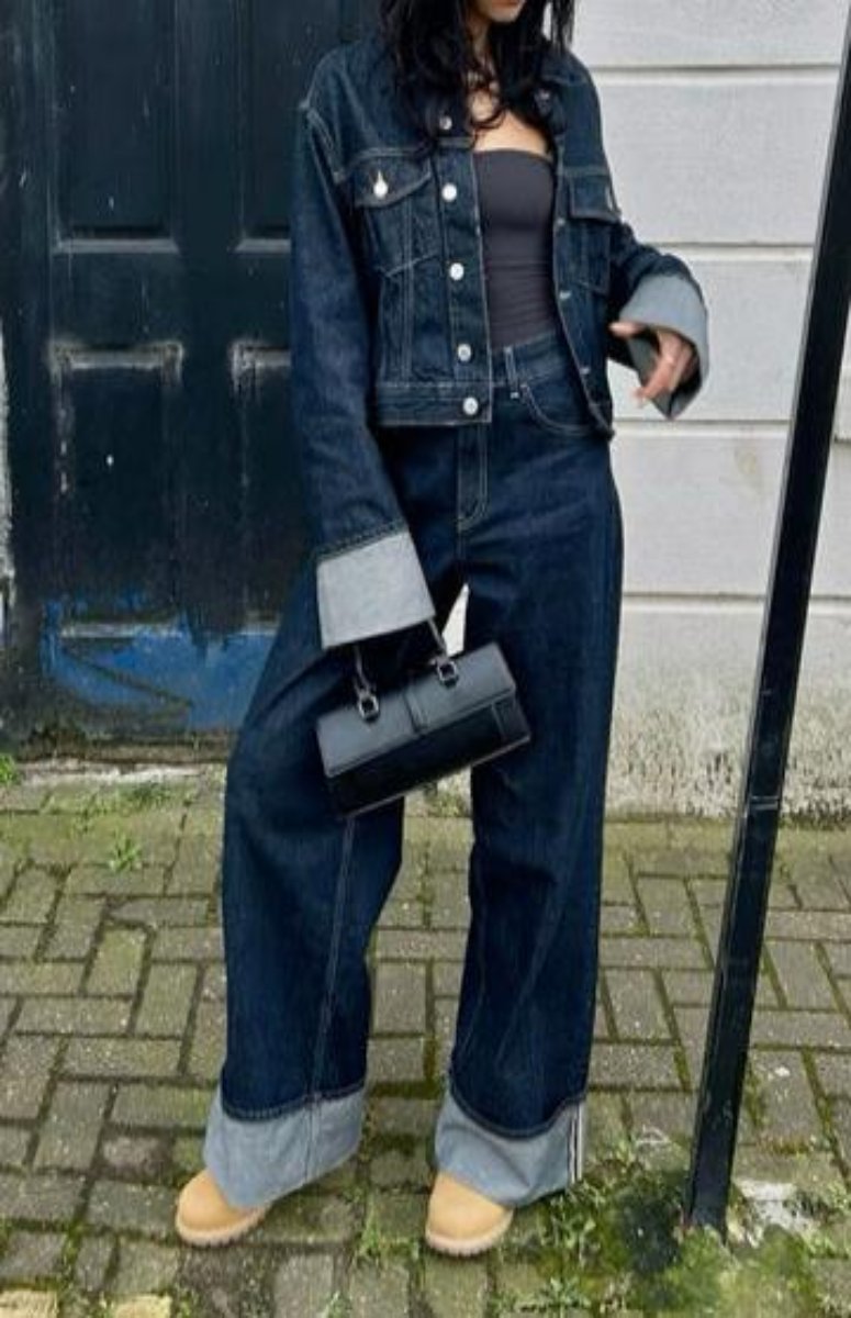 Women's Two-Tone Denim Jacket & Wide-Leg Pants Set