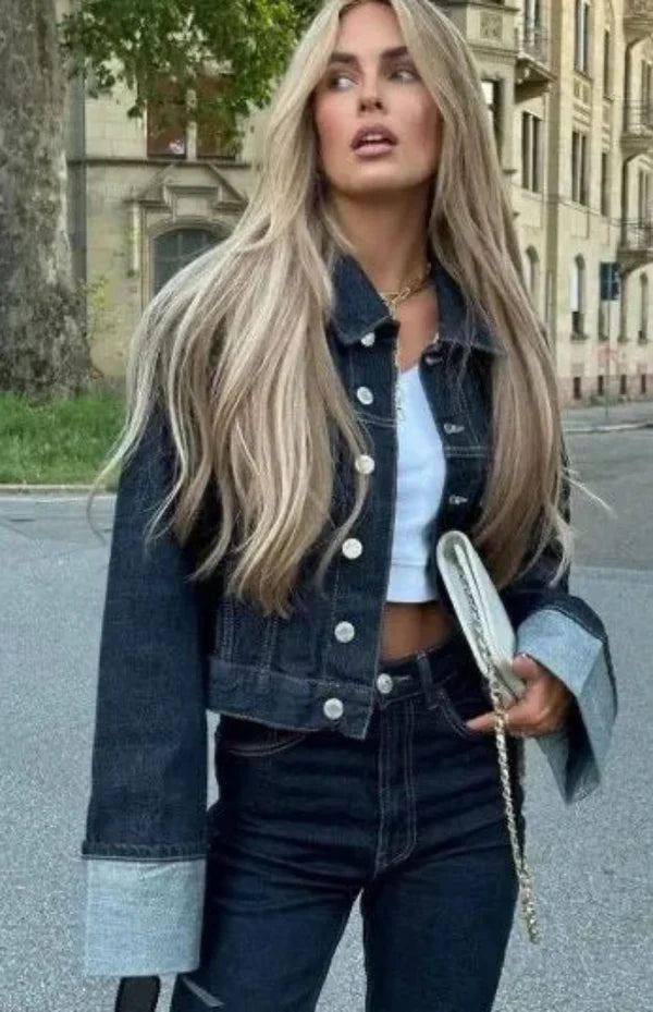 Women's Two-Tone Denim Jacket & Wide-Leg Pants Set