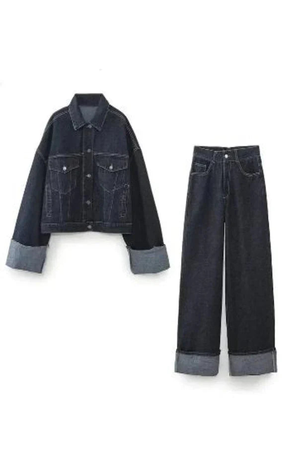 Women's Two-Tone Denim Jacket & Wide-Leg Pants Set