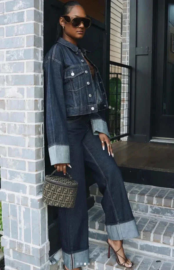 Women's Two-Tone Denim Jacket & Wide-Leg Pants Set