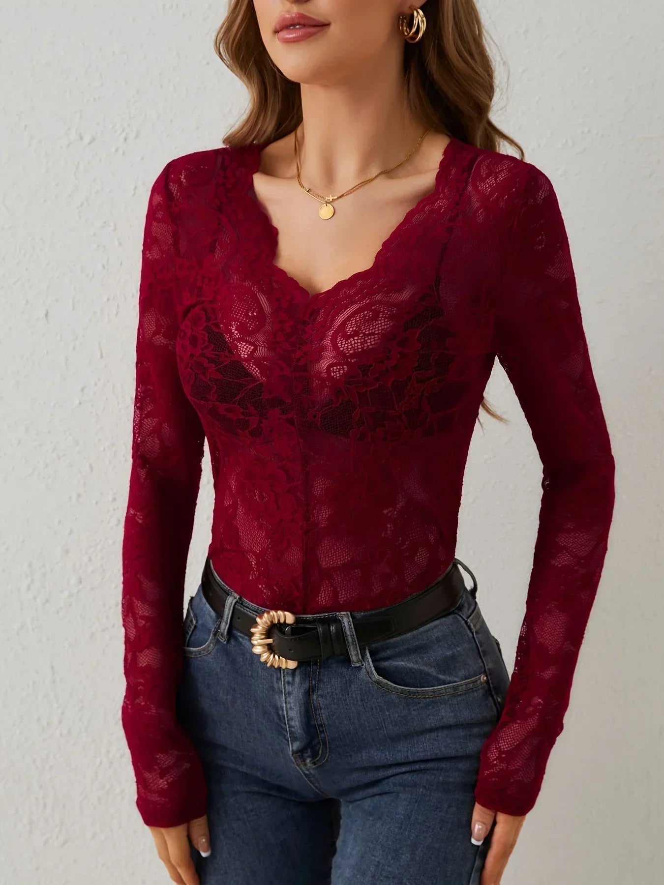Floral Lace V-Neck Long Sleeve Top