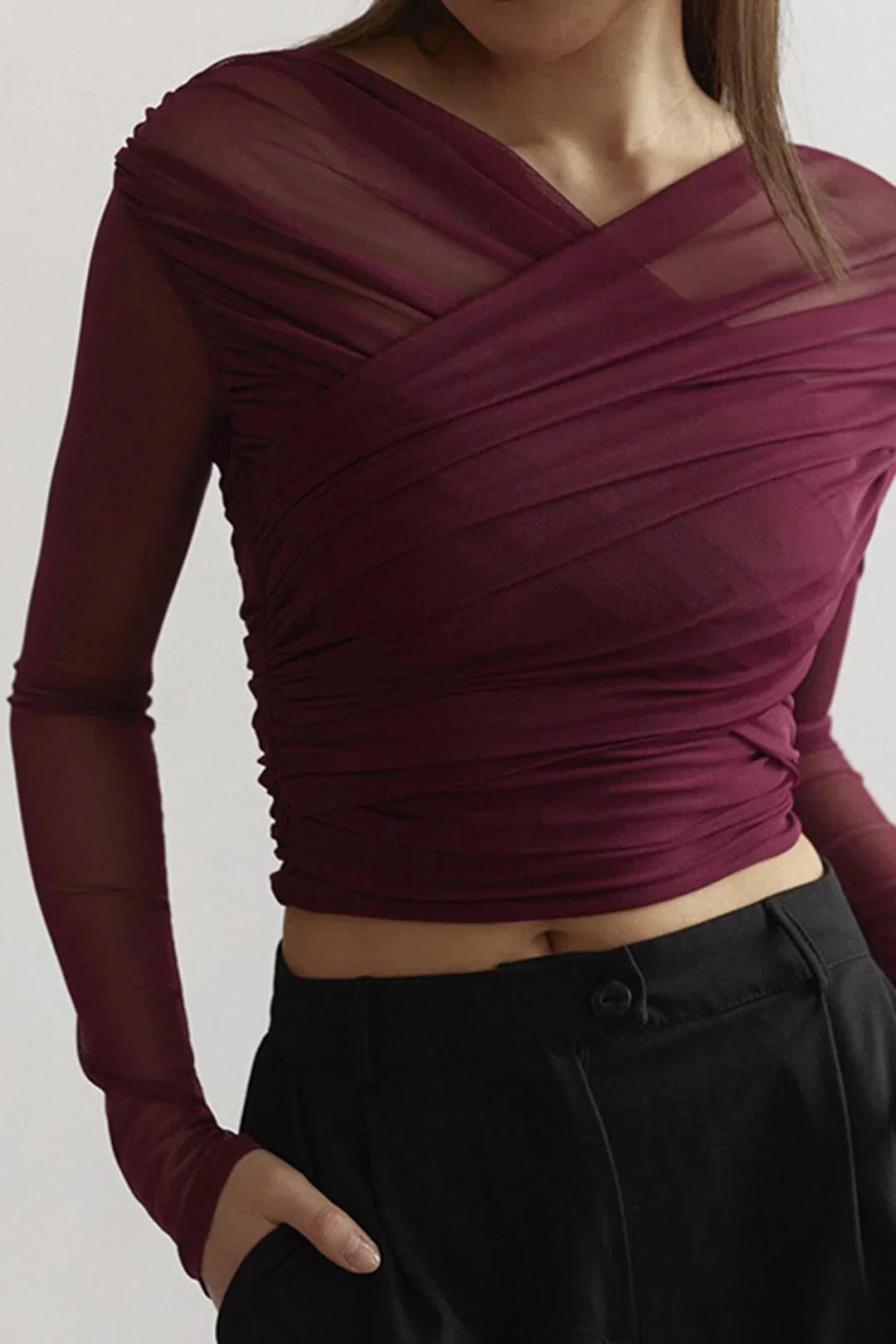 Elegant Draped Long Sleeve Crop Top for Women